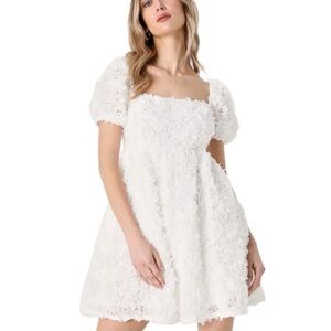 LULUS Precious Passion White Floral Puff Sleeve Babydoll Dress sz L Wedding Mini